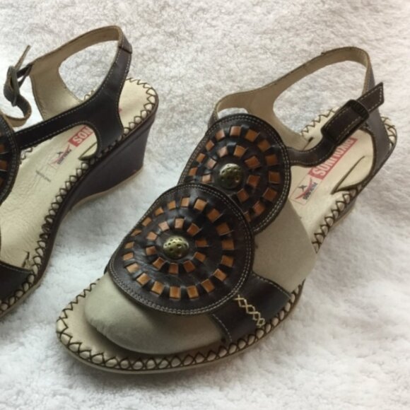 Pikolinos Women Size EU40 US 9 - 9.5 Shoes Wedge Heels Sandals Leather Brown Tan - Picture 6 of 8